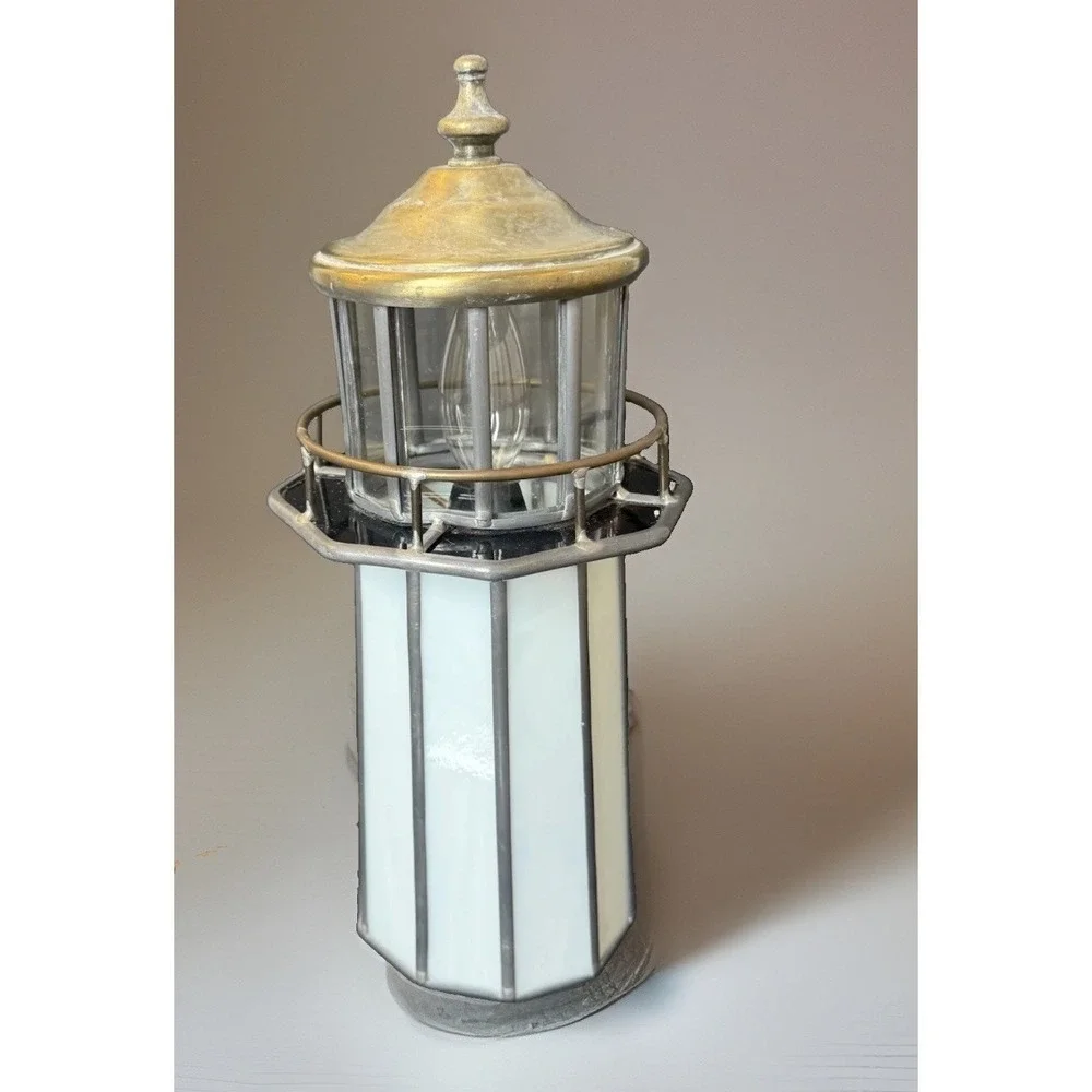 Vintage LG Leaded Slag Glass Lighthouse Accent Table Lamp Nautical Decor 12.5